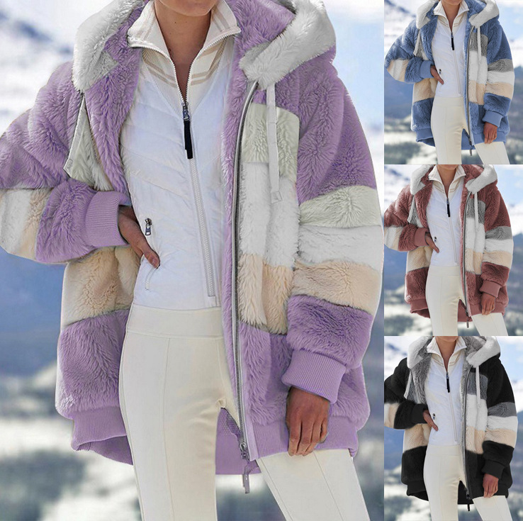 Dame varm plys patchwork lynlåslomme hætte løs jakke_voghion.com