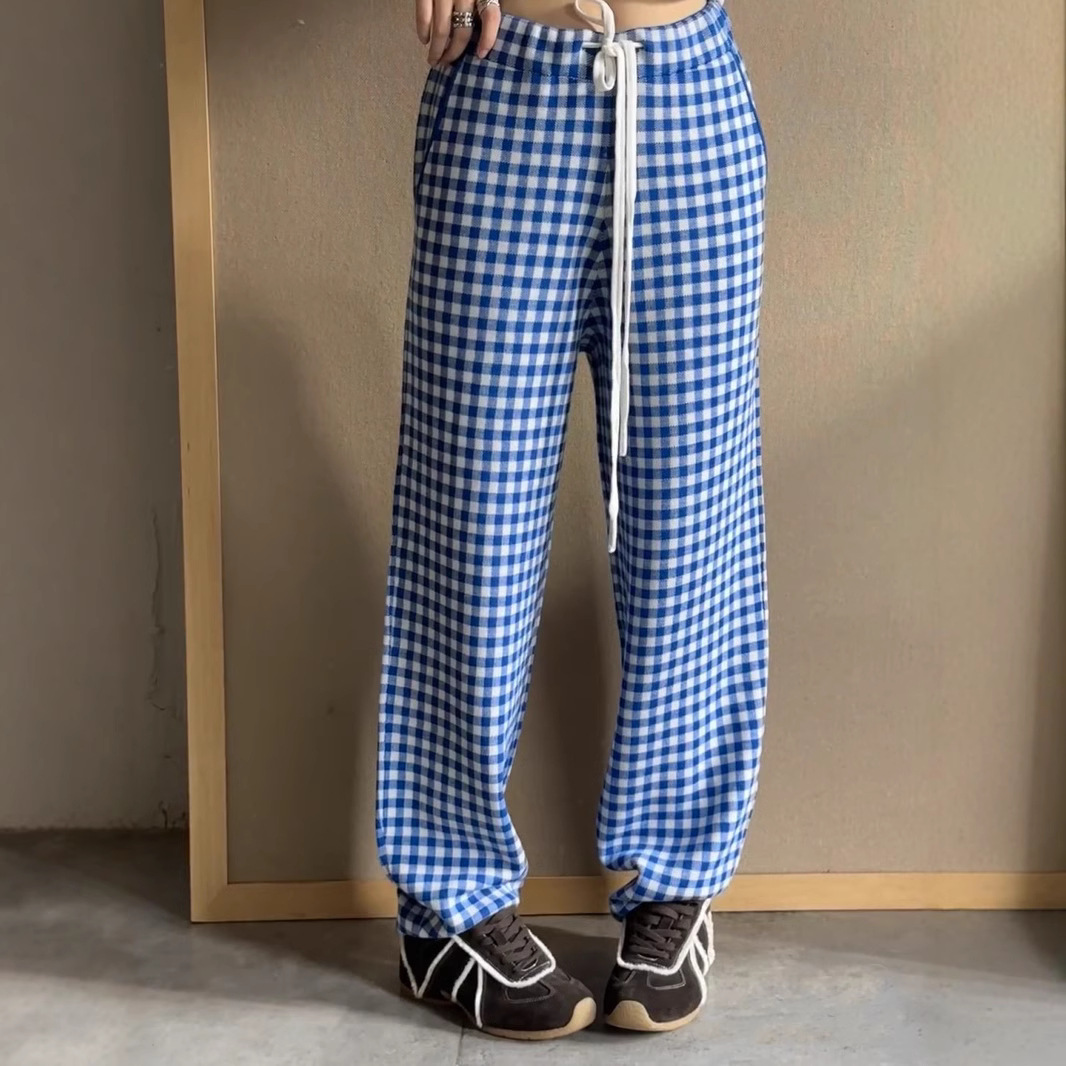860G 높은 버전 24 겨울 새로운 틈새 디자인 니트 체크 울 DRAWSTRING 느슨한 캐주얼 바지 바지 여성