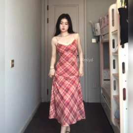 网纱+内里双层 法式复古红色格纹吊带连衣裙领蕾丝收腰显瘦长裙