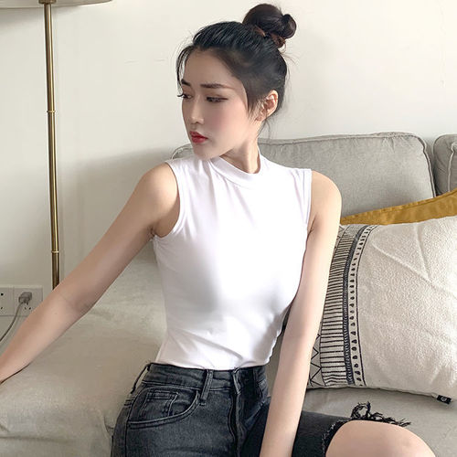 Women's sleeveless half-high crew neck camisole, tight inner base top, outerwear fashionable top, trendy Southeast Asian style
