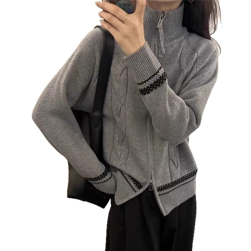 秋装设计感拉链灰色毛衣针织开衫外套针织衫女2025新款高级感上衣|undefined