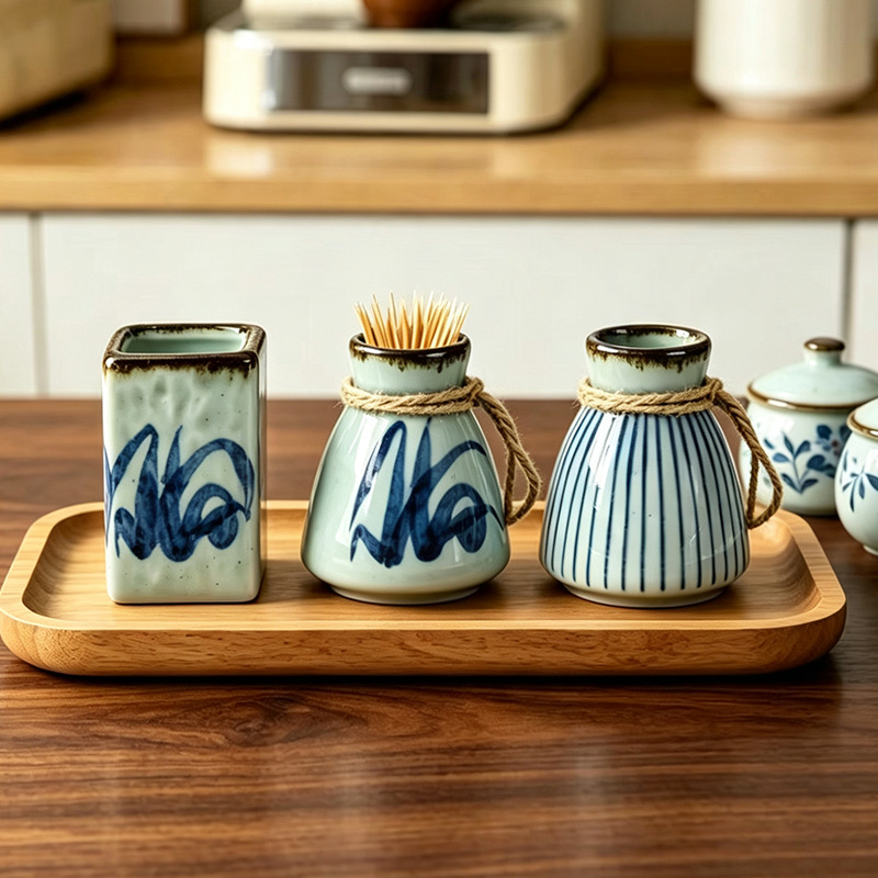 Japanese-style rustic ceramic toothpick holder, hand-painted blue and white toothpick storage jar for restaurants and homestays