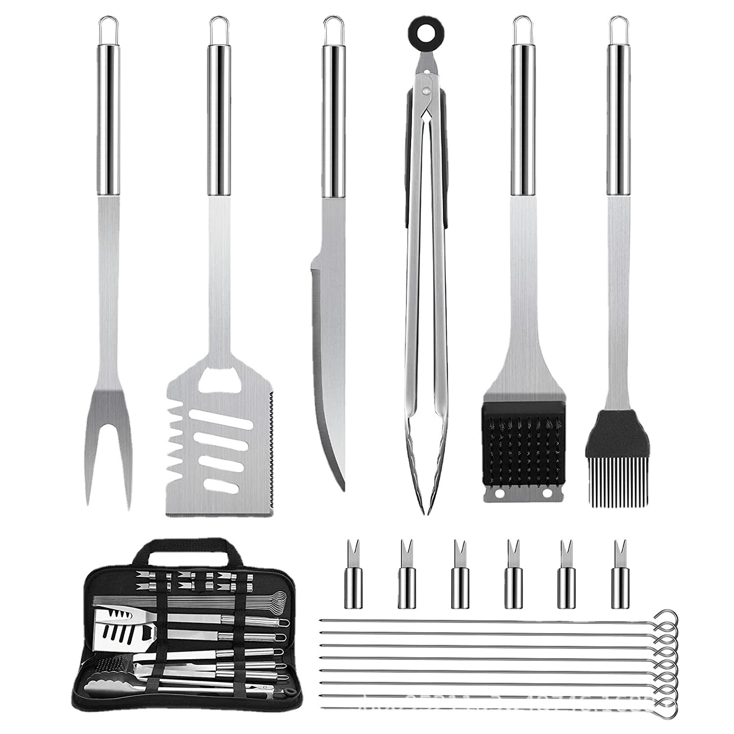 Exportación de Amazon herramientas de barbacoa de acero inoxidable traje de barbacoa al aire libre accesorios pala tenedor clip cepillo herramientas de barbacoa