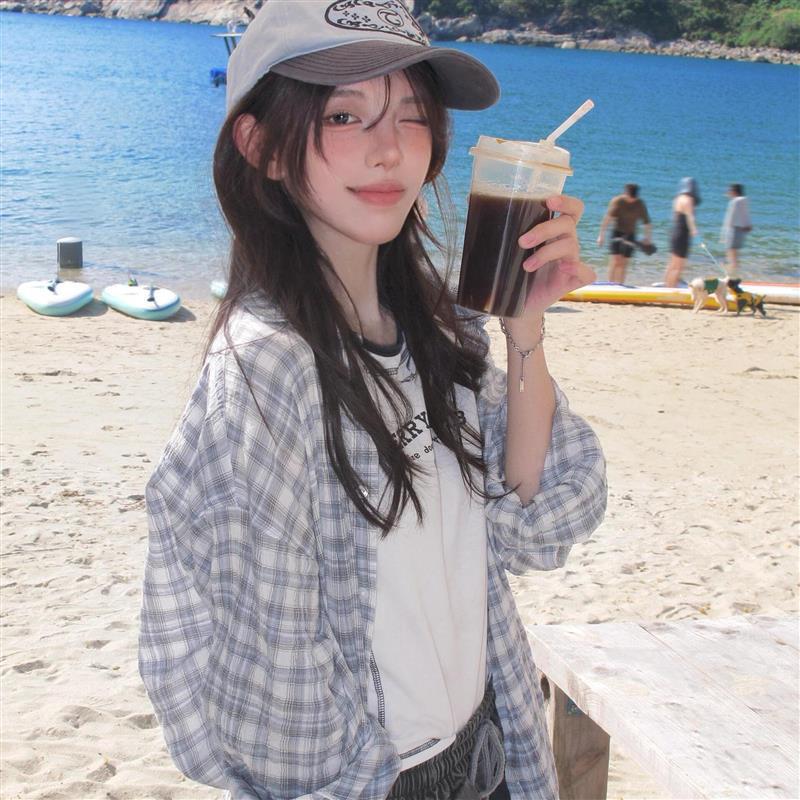 Korean Retro Blue Plaid Shirt Jacket for Women in Early Autumn, Lazy Style, Loose and Slim, with Sun Protection Plaid Shirt