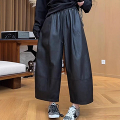 高腰显瘦PU皮女裤 2025秋冬新款松紧腰抽绳阔腿裤大码九分哈伦裤