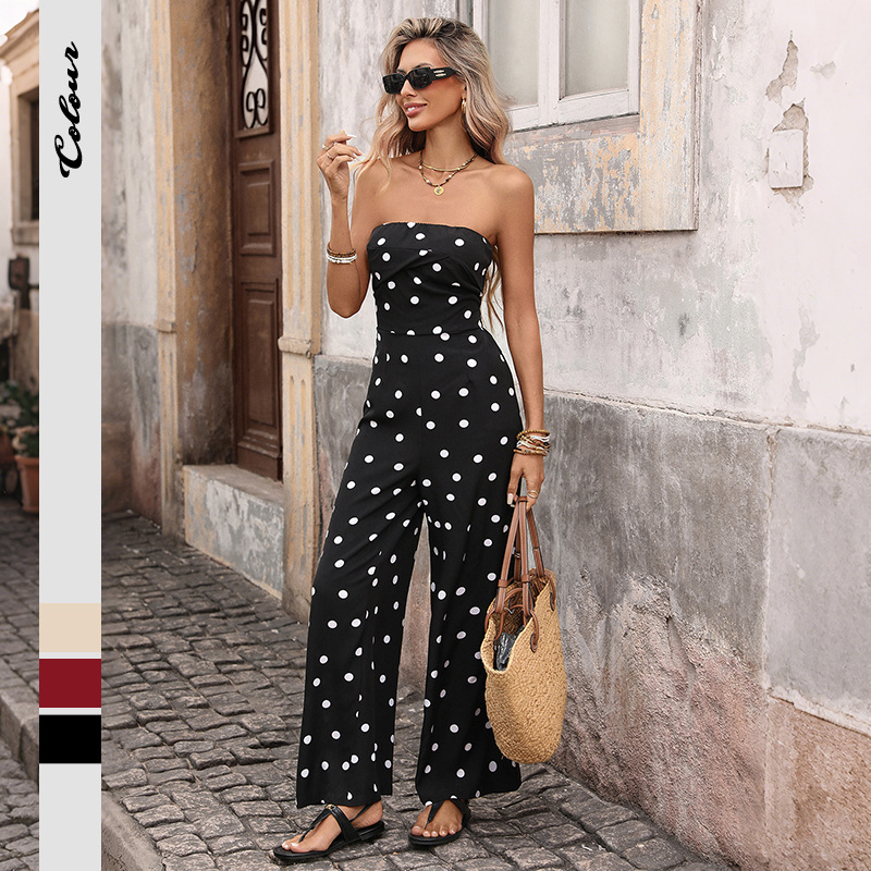 European and American Cross-Border 2026 Summer New Retro Vacation Jumpsuit Polka Dot Strapless High-Waisted Wide-Leg Jumpsuit