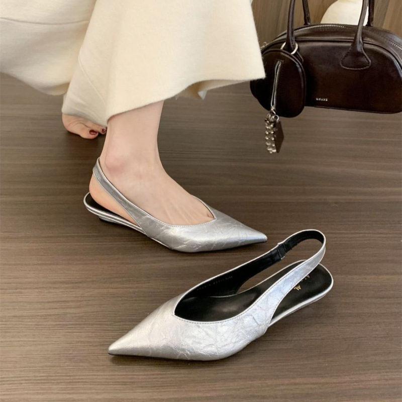 French Style Wedge Heel Pointed Toe Hollow Back Mule Shoes Baotou Sandals for Women 2025 Summer Gentle Fairy Style Evening Shoes