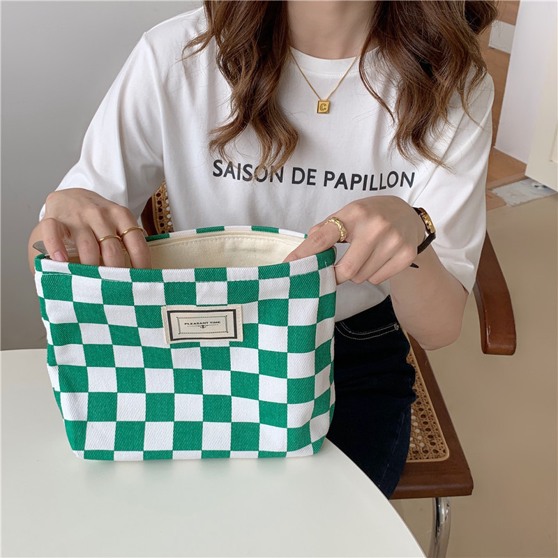 【 In Stock 】18181 checkerboard green checkered canvas bag, school-style commuter single-shoulder bag, retro hand-held tote bag undefined