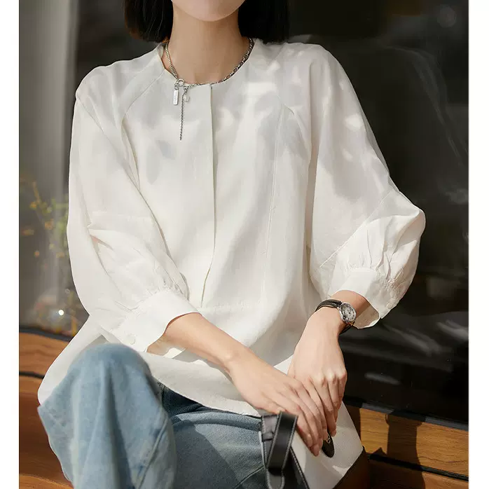 莱赛尔+亚麻 温柔气质灯笼袖白色衬衫设计感圆领衬衣小众2025女装