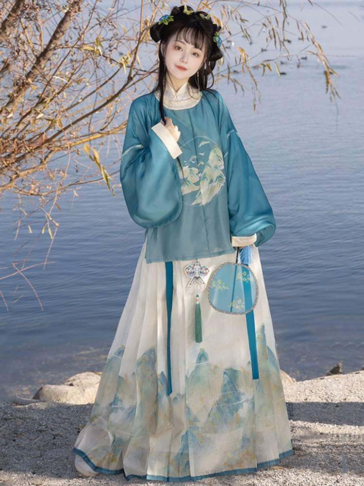 Han Yu Kui Оригинальная Hanfu Girl [Qianли Jiangshan] Ming с круглым вырезом, платье с конским лицом, печать свежая, повседневная весна и лето