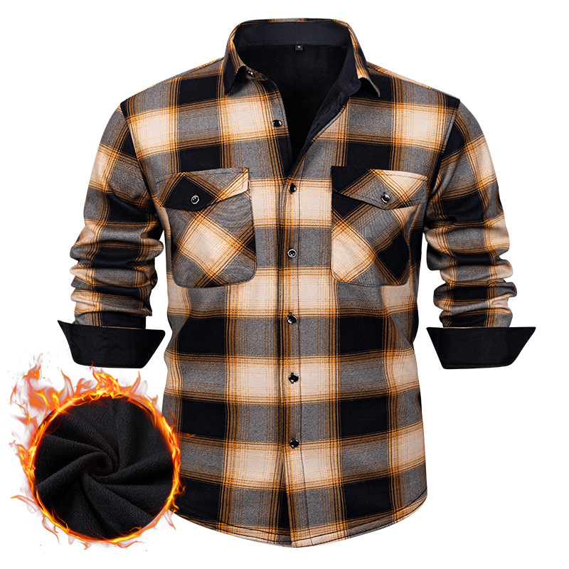 Autumn and Winter Fleece-Lined Plaid Shirt for Men, Export Cross-Border Amazon Aliexpress Large Size Long-Sleeve Warm Shirt, Thickened