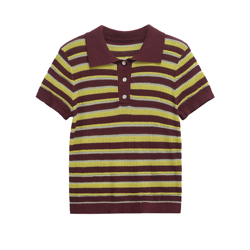 Summer New Design Polo Collar Stripesd Knitted Feminine Casual Fashion Slim Versatile Short-Sleeved Top
