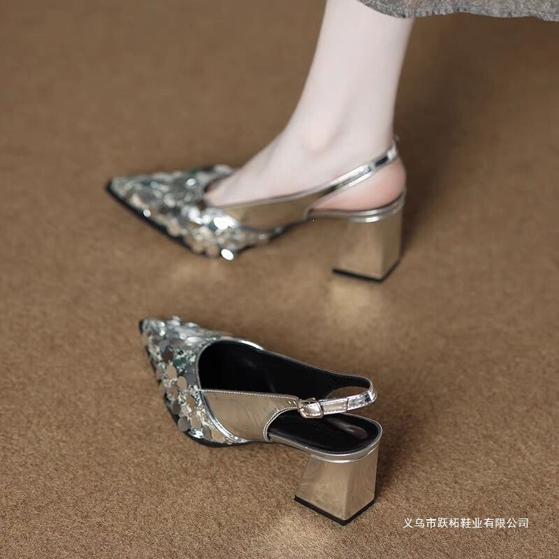 Summer Sandals for Women with Skirts, Featuring Chunky Heels, Sequins, Pointed Toes, Shallow Cut, Fashionable and Elegant High Heels with Open Back Design