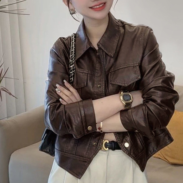 复古上衣翻领港风秋冬新款皮衣女夹克外套黑色其他|undefined