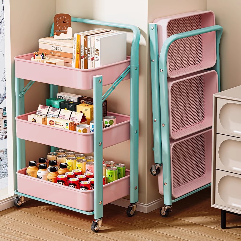 Dopamine Small Cart Foldable Storage Rack Multi-Layer Kitchen Bedroom Mobile Floor-Standing Book and Snack Storage Shelf