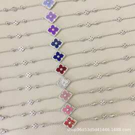 精工版布家拉丝四叶草镶钻白贝母单花手链女手链复古宫廷时尚百搭