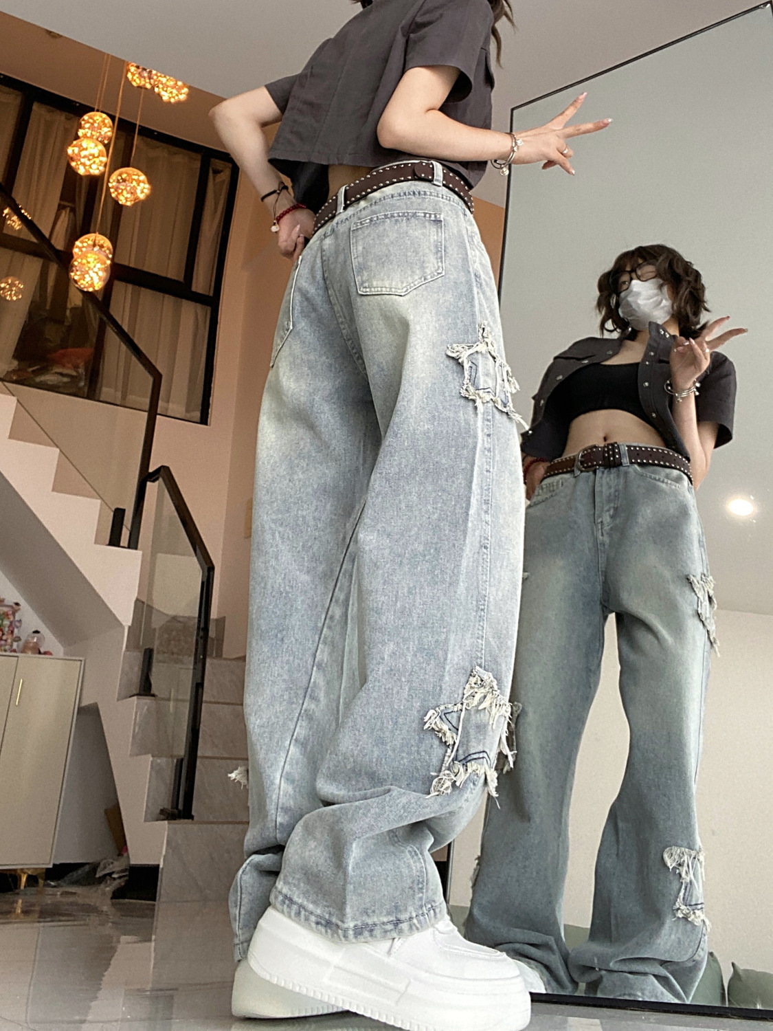 Damjeans American Star Höst Koreanska Utgåva Instagram Hög Midja Slimmade Kanter Broderade Raka Vida Benbyxor_voghion.com