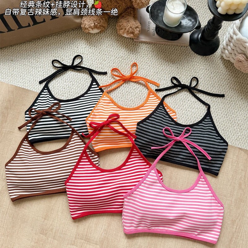 Summer New Style Spicy Girl Striped Tie-Up Halter Neck Tube Top for Women with Chest Pads, Slim Fit, Flattering, Inner Wear, Backless Top Summer New Style Spicy Girl Striped Tie-Up Halter Neck Tube Top for Women with Chest Pads, Slim Fit, Flattering, Inner Wear, Backless Top