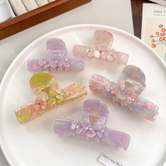 新款高级感醋酸抓夹大号镶钻发夹唯美优雅立体花朵鲨鱼夹发饰女