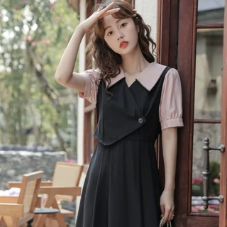 法式复古风假两件绿色连衣裙女夏季2025年年时尚显瘦减龄中长裙子