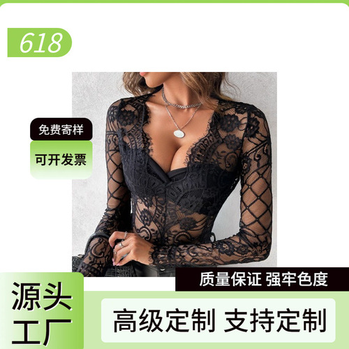 Amazon Cross-border Sexy V-neck Base Shirt Winter New Lace Fitting Slimming Long Sleeve Top