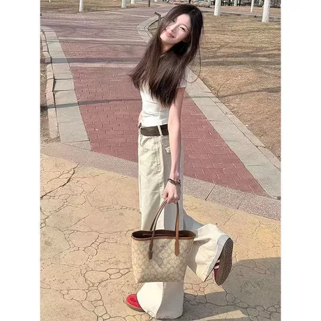 小个子美式浅杏色阔腿牛仔裤女新款宽松百搭显瘦垂感拖地直筒裤子
