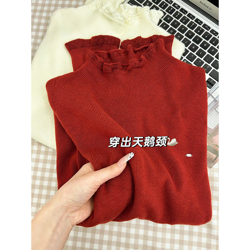 White and Red Layered Half-High Collar Base Shirt, Slim Fit Soft Top for Women, Autumn and Winter Ruffled Age-Reducing Knit Sweater