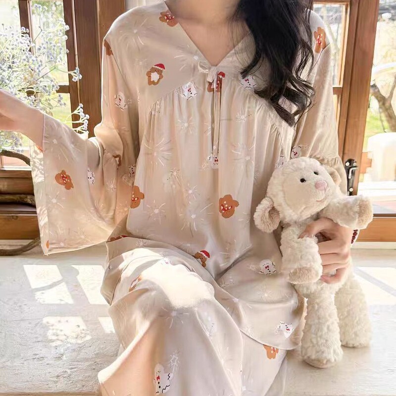 Cute Cartoon Princess Style Lyocell Cotton Pajamas for Women, Spring and Summer Long-Sleeved Loose Maternity Postpartum Clothing Home Wear Set
