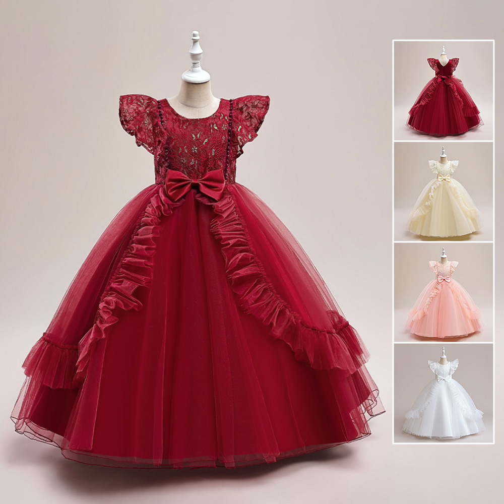 Europeo y americano transfronterizo medio y grande vestido de niños arco con cuentas malla princesa vestido banquete fiesta traje en stock