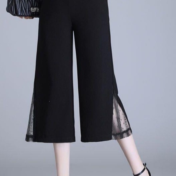 Chiffon Cropped Pants with a Draping Effect for Petite Women, Summer Thin Lace Patchwork Wide-Leg Pants, Flowy and Elegant Nine-Point Pants