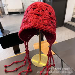 2025新款民族风手工勾花流苏护耳帽女秋冬加厚保暖显脸小包头帽子