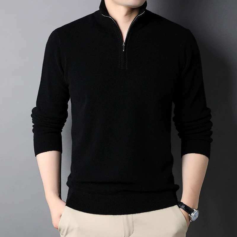 Colored woolen men's demi-season keep warm knitted sweater with zipper, 2021 collection, slim fit