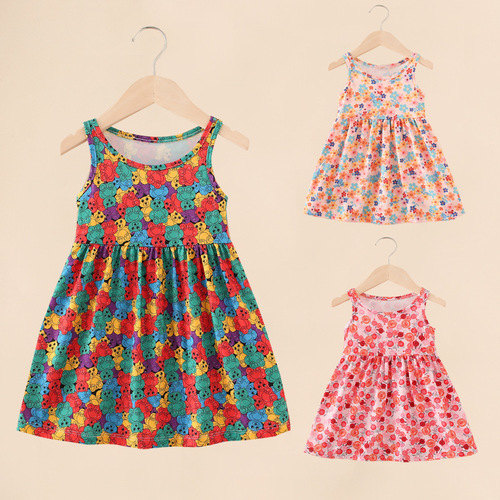 Cross-border new style milk silk printed children's dress sleeveless pastoral style girls floral vest dress