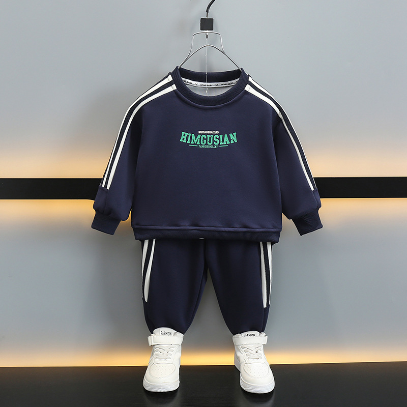 7077 traje de suéter para niños 2025 nueva ropa de primavera y otoño ropa de impresión de letras para niños traje de dos piezas de primavera para bebés