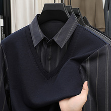 秋冬季新款男装翻领T恤男士休闲假两件加厚加棉条纹长袖卫衣上衣