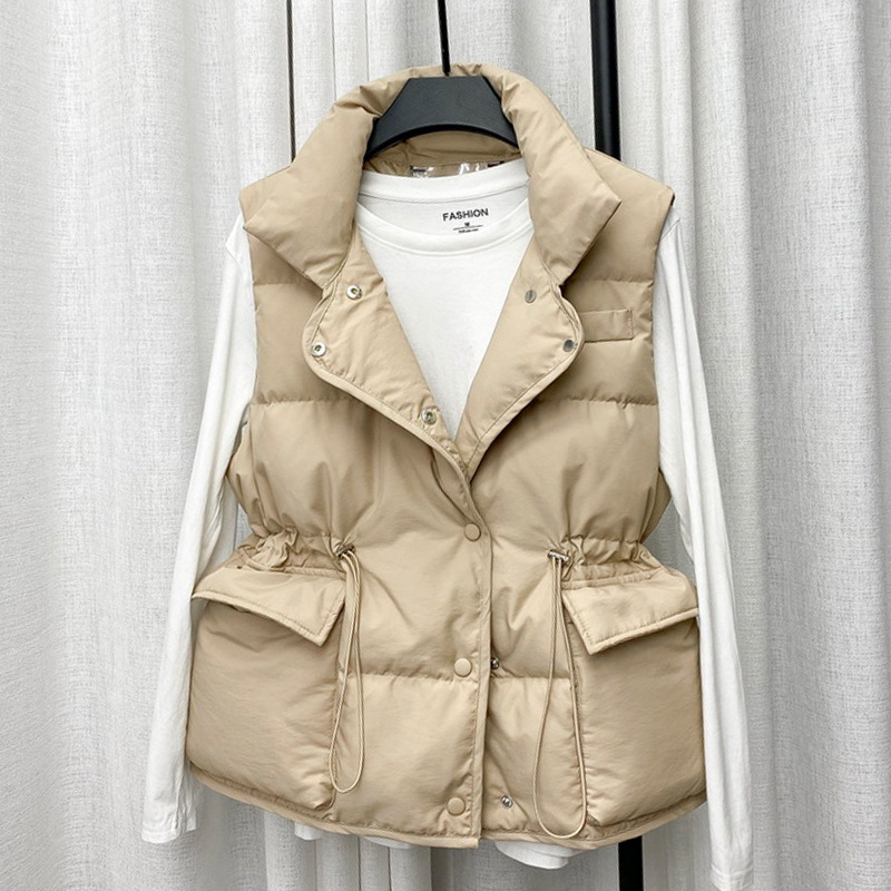 Chaleco de chaleco de cuello de soporte de estilo coreano para mujer 2023 otoño e invierno chaleco con cordón cálido y suelto chaleco superior