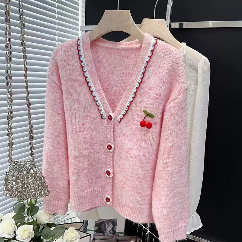 Korean Style Autumn and Winter New Sweet Wavy V Neck Age-Reducing Stereo Cherry Knitted Cardigan Flower Button Sweater Jacket