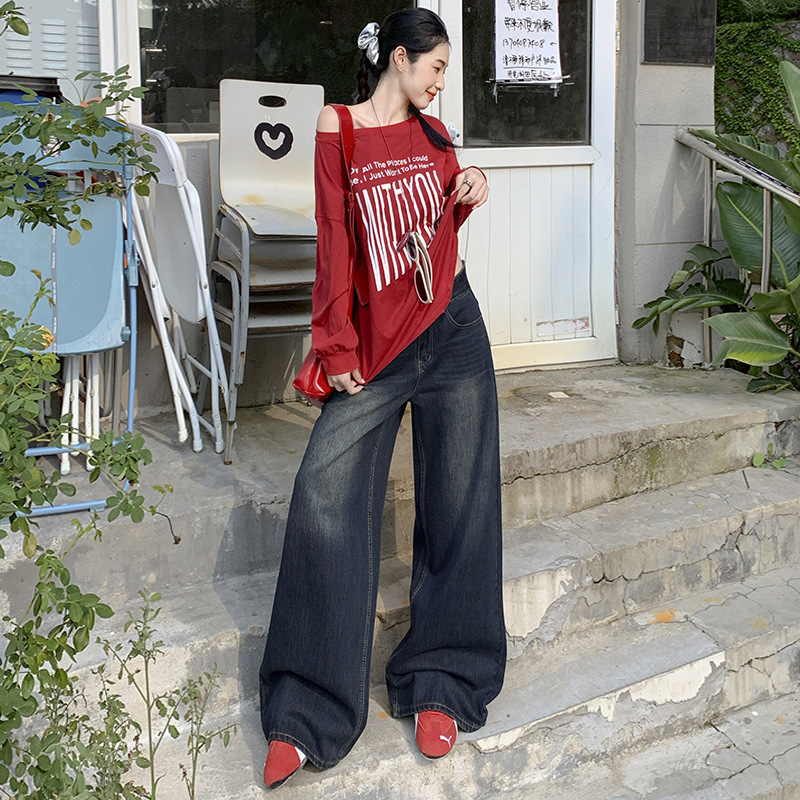 25th ootd!｜美式复古蓝牛仔裤秋冬新款高腰直筒宽松水洗阔腿裤|undefined