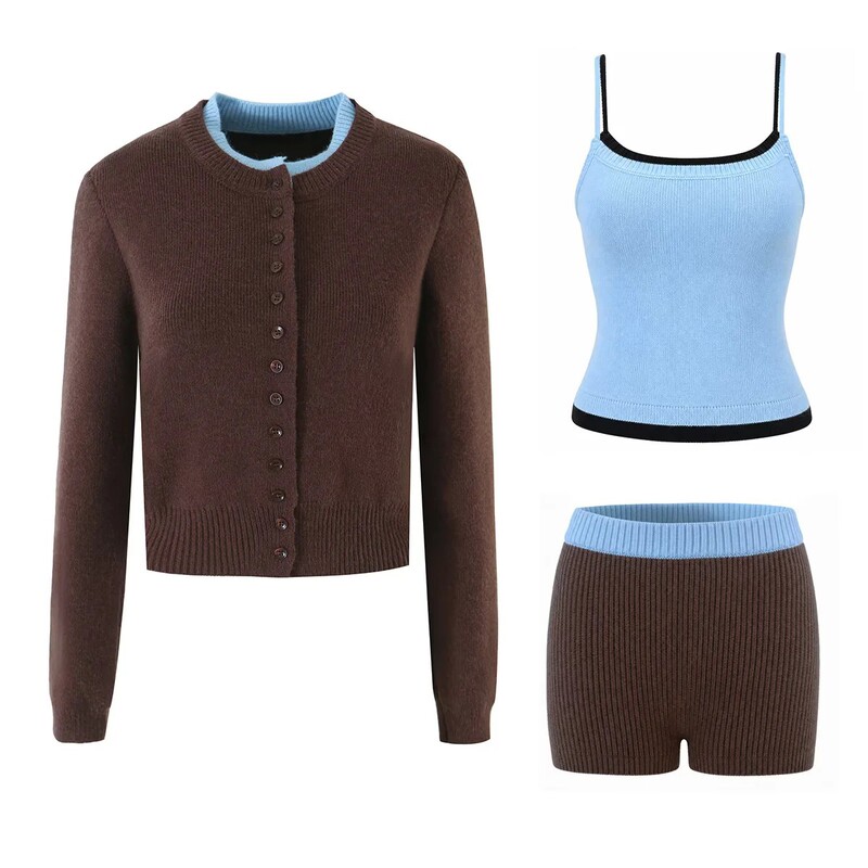Sweet and Spicy Girl Knit Three-Piece Set: Round Neck Single-Breasted Sweater Cardigan + Camisole + Color-Block Hip-Hugging Shorts Sweet and Spicy Girl Knit Three-Piece Set: Round Neck Single-Breasted Sweater Cardigan + Camisole + Color-Block Hip-Hugging Shorts