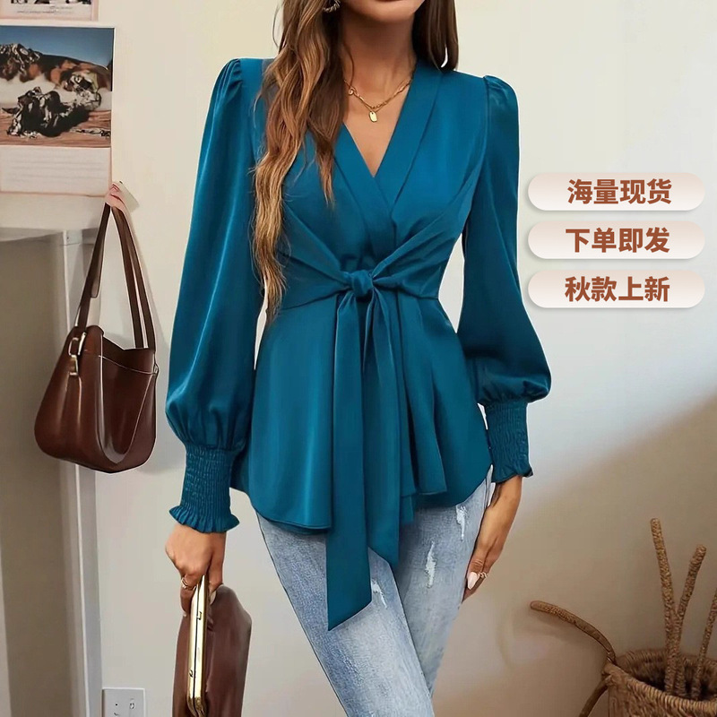 Women's Solid Color V-Neck Tie-Waist Shirt, French Style Elegant Top for Spring and Autumn, European and American Cross-Border Women's Clothing Wholesale Women's Solid Color V-Neck Tie-Waist Shirt, French Style Elegant Top for Spring and Autumn, European and American Cross-Border Women's Clothing Wholesale