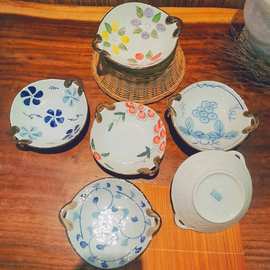 和风陶瓷小菜碟古田烧釉下彩餐盘双耳碗椭圆碗双耳小吃盘日式高温