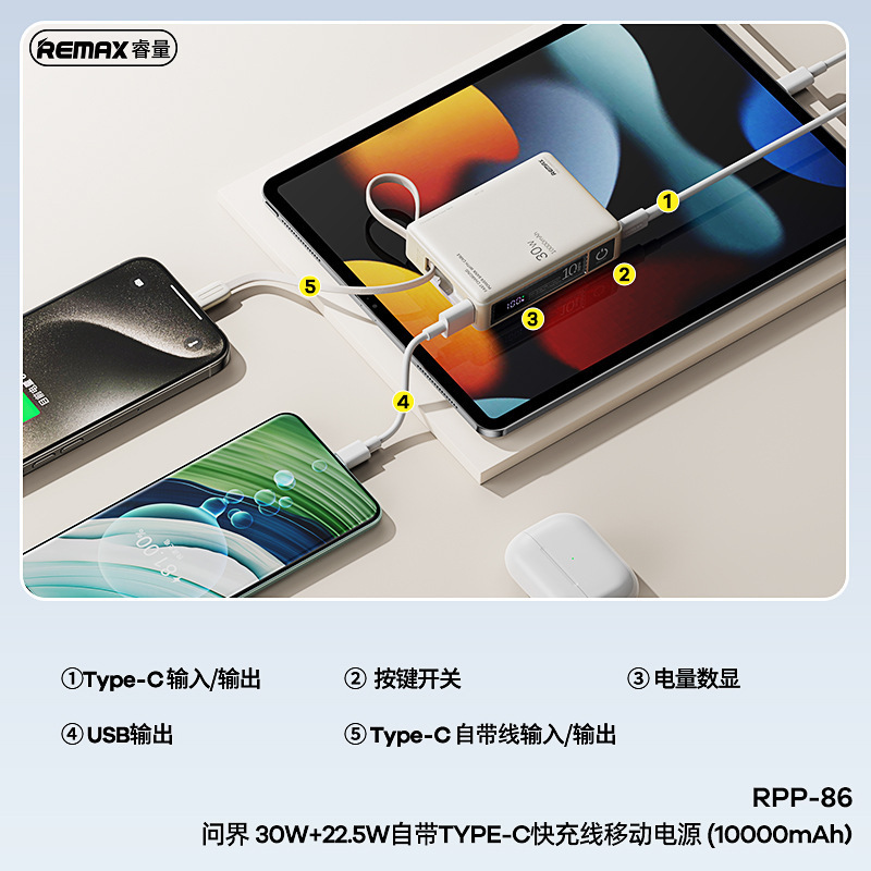 Remax問界30w急速充電デジタル表示移動電源10000ミリアンペア自帯線携帯充電宝RPP-86|undefined