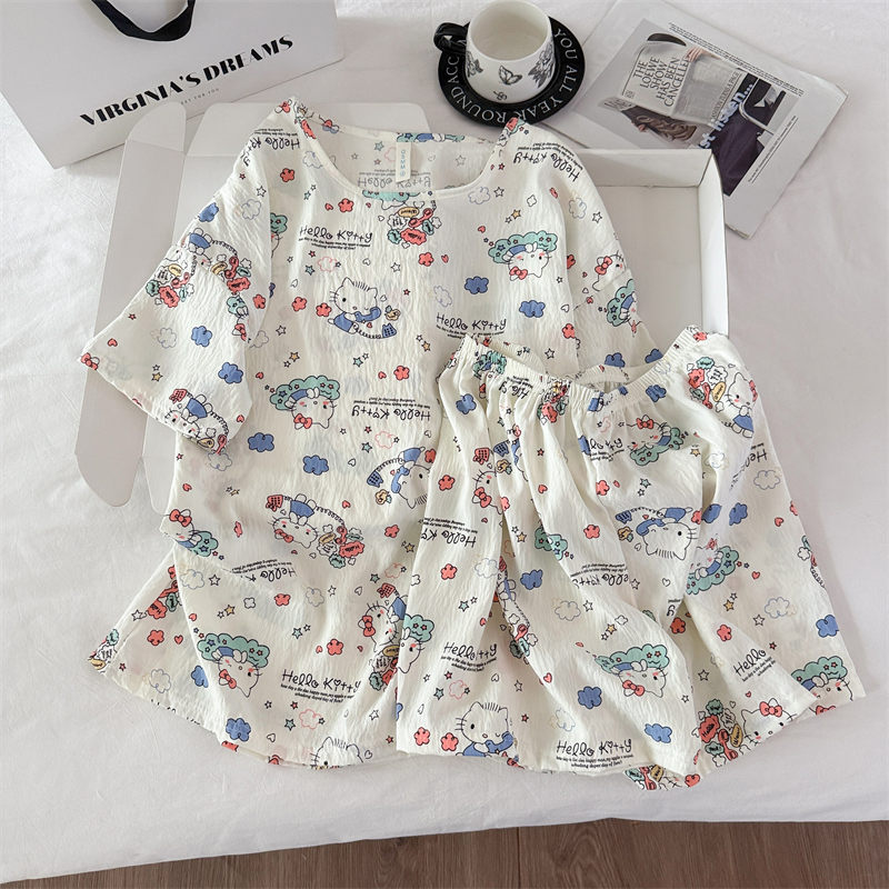 Transfronterizo al por mayor pijamas de algodón nubes de dibujos animados ropa de casa de mujer chaqueta manga corta pantalones cortos set set de cuello redondo set de dos piezas