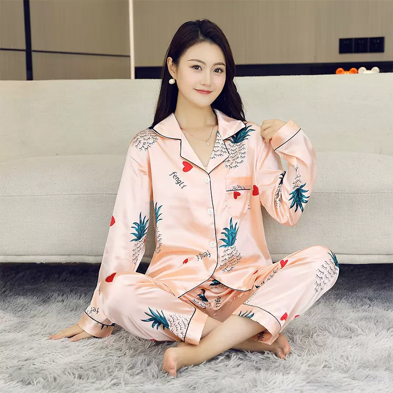 GAO级感仿真丝家居服女春夏季短袖长裤休闲薄款冰丝睡衣三件套装