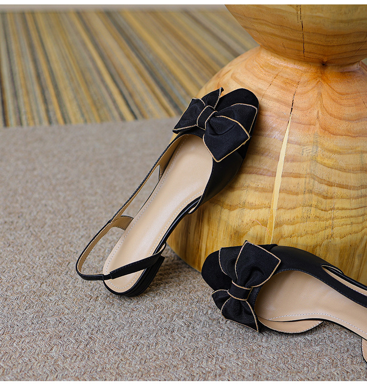Sandal nữ bít mũi đế bệt phong cách cổ điển nơ phối màu — Màu đen chi tiết 18