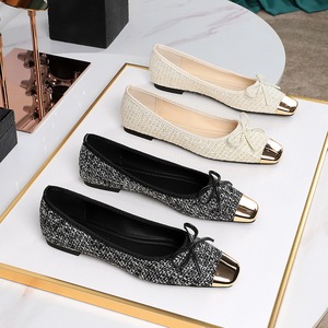 8726-9 French style flat sole single shoes for women with a high-end feel, metal square bow bow, shallow mouth, one foot