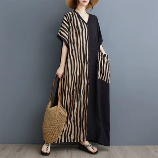 实拍2024年夏季薄款棉麻印花显瘦V领短袖撞色黑长款连衣裙女#9814