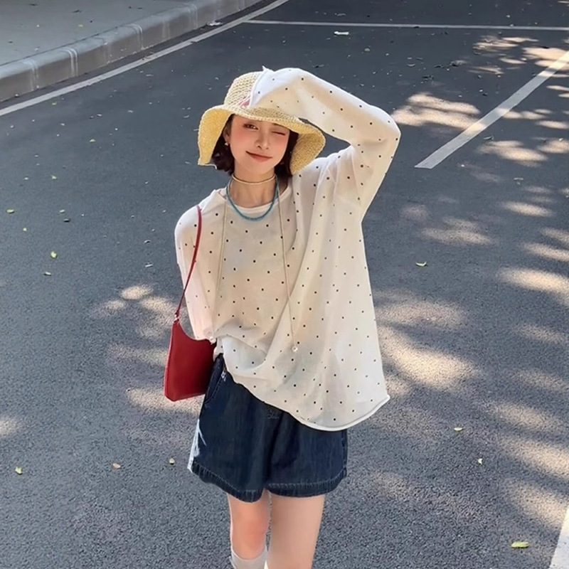 韩系紫色波点长袖针织衫女夏天薄款防晒罩衫宽松显瘦微透上衣|undefined