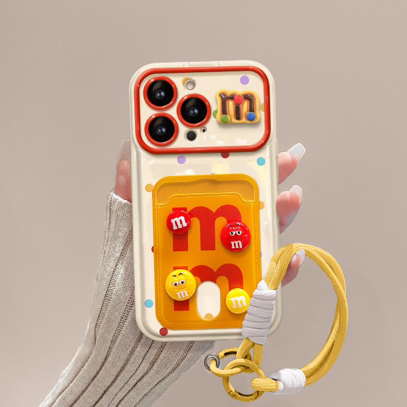 For Apple 15 Mobile Phone Case iPhone14pm Cartoon M Bean Doll Card Bag Lanyard 13 Flip Mirror 12pro