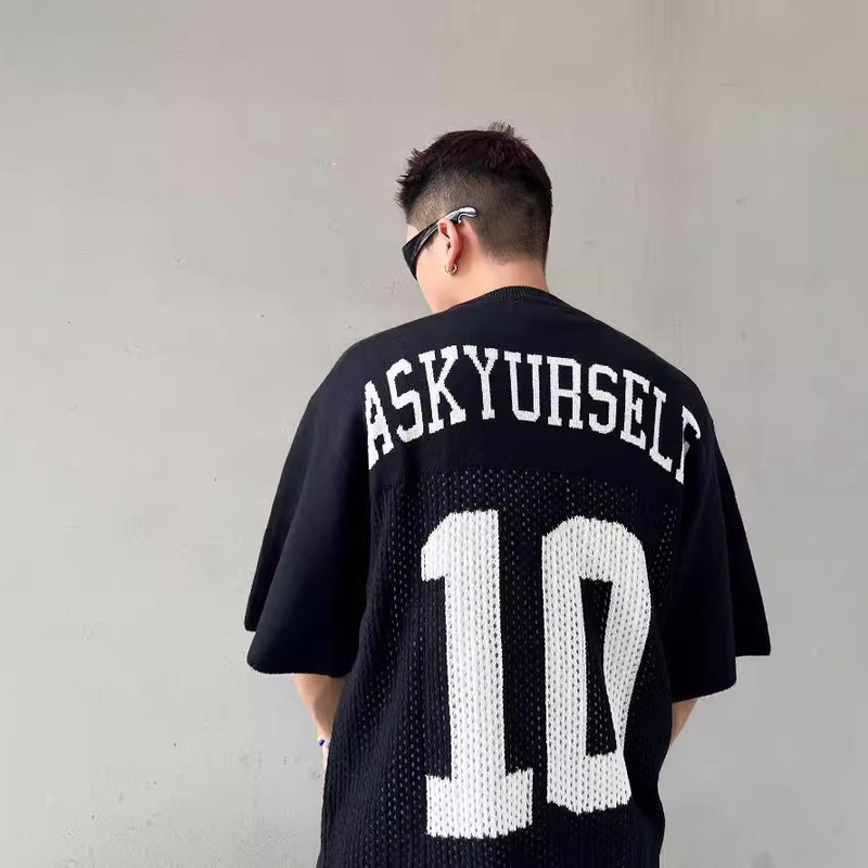 ASK ASKYURSELF American Football High Street Patchwork Letter Jacquard Cutout Short Sleeve Loose Knit Sweater